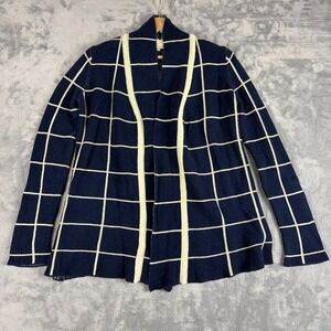 ModCloth Navy Cream Grid Cardigan Womens Small Open Front Academia Cozy Knit